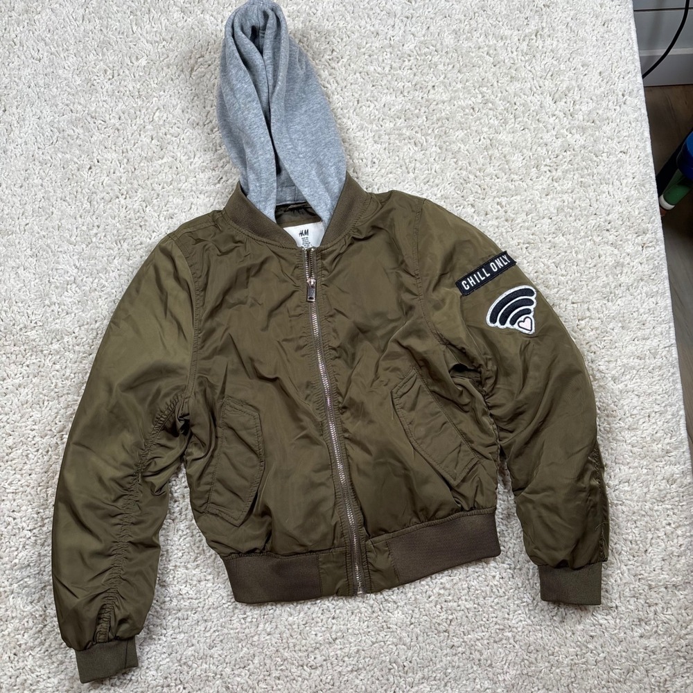 HM Kids Olive Green Hooded Bomber Jacket Never Look‎ Back Roses Size 8-9Y